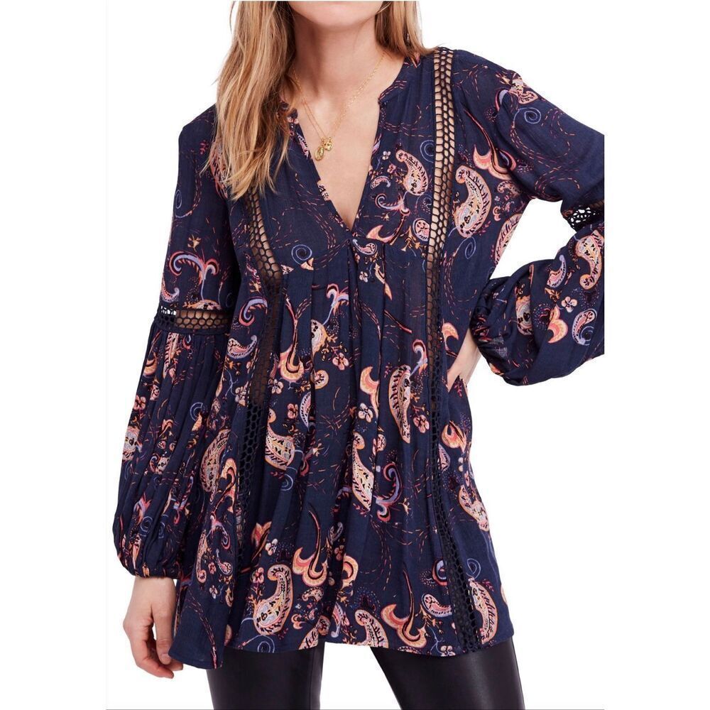 Free People Just The Two Of Us Navy Paisley BOHO TUNIC TOP SHIRT sz XS